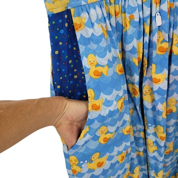 Handmade Whimsical Rubber Duck Maxi Apron Dress Tie Waist Sz XS Blue Pockets Fun - Picture 6 of 13